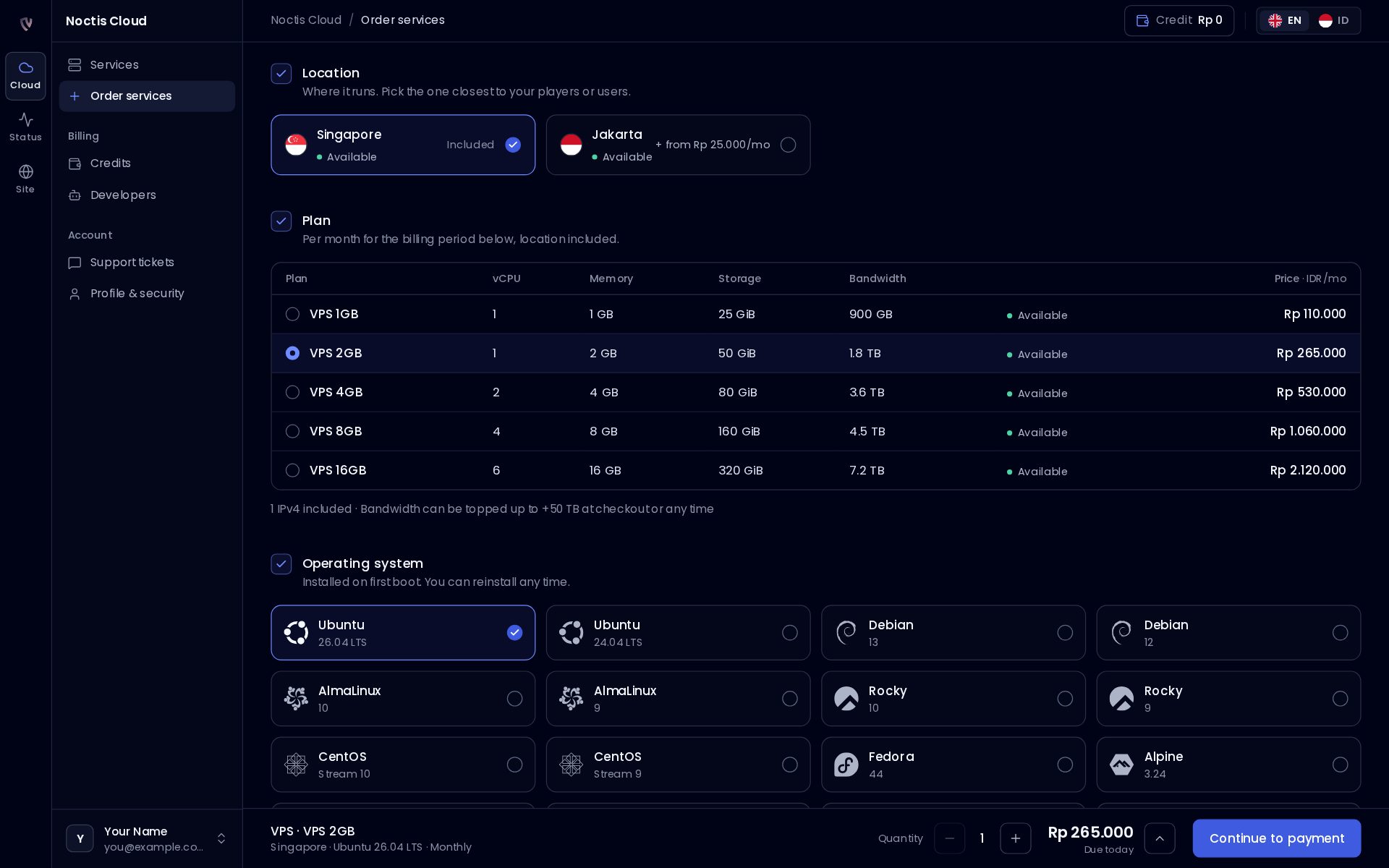 The Noctis client area's order page: location choice, a VPS plan table with specs and rupiah prices, operating system picker, and an order bar with the total at the bottom.